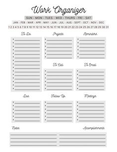 the printable worksheet for work organizer is shown in black and white, which includes