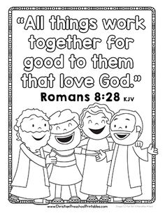 a coloring page with the words romans 8 28 and an image of three people holding hands