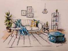 a drawing of a living room filled with furniture