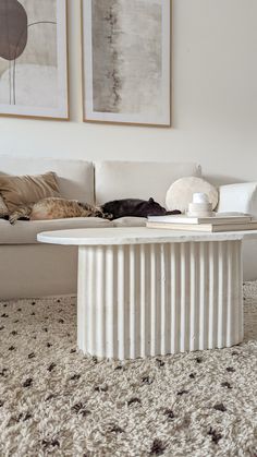 a dog laying on top of a couch next to a white coffee table in a living room