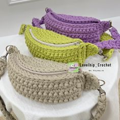 crochet belt bag,with fabric yarn. It is a cute and usable daily bag using thick beige,lime and violet-colored crochet yarn. Crochet Hip Bag, Hip Bag Pattern, Crochet Fanny Pack, Belt Bag Pattern, Crochet Small Bag, Fanny Pack Pattern, Crochet Critters, Mochila Crochet