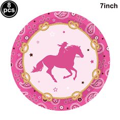 a pink and gold paper plate with a horse on it