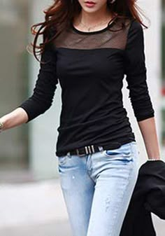 Casual Style Scoop Neck Long Sleeve Spliced Slimming T-Shirt For Women Slim Dresses, Inspiration Mode, Womens Fashion Casual, Cute Tops, Casual Style, Black Shirt, A Woman