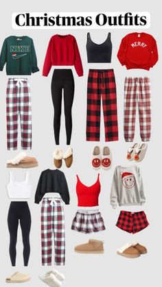 christmas outfits for women in red, black and white checkered pajamas with text overlay