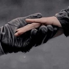 two hands holding each other with rain on the palm and one hand wearing black gloves