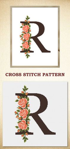 the letter r with roses on it is shown in three different colors and font styles