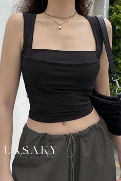 Lasaky - Chic Monochromatic Bustier Crop Top and Skinny Long Pants Ensemble Elegant Tank Tops, Y2k Pattern, Summer Vest, Black Crop Top Tank, Fits Clothes, Top Streetwear, Cropped Tops, Summer Chic, Solid Clothes