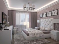 the bedroom is decorated in white and grey colors with chandelier, bed, nightstands, pictures on the wall