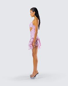 They could never replicate your aura in this gorgeous pink micro mini dress 💖 Made from embellished georgette fabric and complete with a beaded fringe trim and chain stitch thread detail at the hem - this look will leave you feeling like you just walked out of a fairytale ✨ Pink Party Dresses With Mini Hem, Spring Party Bodycon Mini Dress, Summer Party Dresses With Mini Hem, Glamorous Fitted Mini Dress With Lace Trim, Chic Embellished Pink Mini Dress, Chic Pink Embellished Mini Dress, Glamorous Summer Mini Dress With Lace Trim, Feminine Embellished Mini Dress, Feminine Sequined Mini Dress