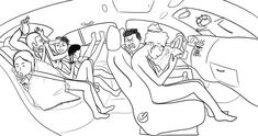 a line drawing of people sitting in the back seat of a car