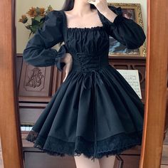 Dark Lolita Gothic Princess Dress with lace ruffles, stretchy back, laced-up front and long puff sleeves. 📝 Please note, the dress does not come with a petticoat (for the dress to have a puffy skirt volume as in the photos, you would need to add a petticoat underneath it). Plus sizes included. Size MBust: 80-88cm (stretchy) Waist: stretchy (60cm-72cm)Length: 82cm Size LBust: 80-92cm Waist: stretchy (64cm - 76cm)Length: 83cm Size XLBust: 84-96cm Waist: stretchy (68cm - 80cm)Length: 84cm Size XXL Gothic Princess Dress, Gothic Dress Elegant, Witch Dresses, Black Witch Dress, White Princess Dress, Witchy Clothing, Gothic Dresses, Gothic Princess, Puffy Skirt