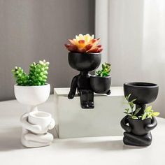 three black and white planters with succulents in them on a table