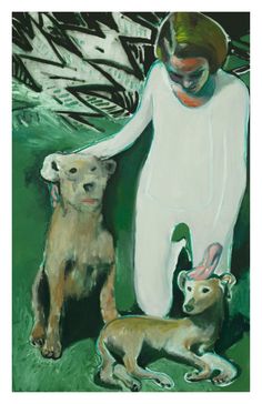 a painting of a woman standing next to two dogs and holding an animal's tail