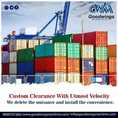 an advertisement for a shipping company with containers stacked on top of each other and the words, custom clearance with almost velcity