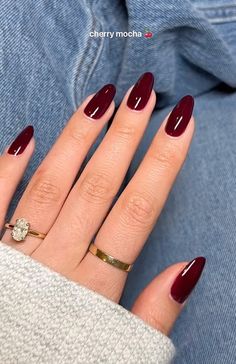 fall nail inspo, red nails Fall Nails Cherry Mocha, Fall Nails Cherry Red, Wine Red Fall Nails, Short Red Almond Nails Designs, Simple Nail Inspo Fall, Maroon Hoco Nails, Simple Fall Acrylic Nails Almond, Mail Inspo Fall 2024