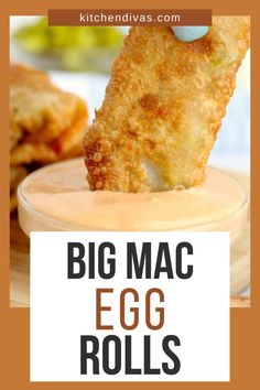 Closeup shot of Big Mac egg roll being dipped into small bowlful of Big Mac sauce. Big Mac Spring Rolls, Hamburger Egg Rolls Recipes, Egg Roll Recipes Beef, Big Mac Pinwheels, Appetizer Egg Rolls, Sloppy Joe Egg Rolls, Cheese Burger Egg Rolls Recipe, Ham And Cheese Egg Rolls