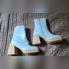 Free People Light Blue Leather Ankle Boots Style = Ruby Size 38 Side Zipper Square Toe Stacked Block Heel Made In Spain Leather New Without Tags Blue High Heel Platform Boots, Blue High Ankle Heels For Fall, Blue Ankle-high Boots For Spring, Trendy Blue Leather Boots, Winter Blue Platform Boots, Blue Ankle-high Platform Boots, Blue Platform Boots With Pointed Toe, Blue High Heel Boots With Reinforced Heel, Blue Round Toe Platform Boots For Winter