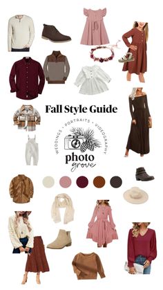 the fall style guide is shown in multiple colors and sizes, including brown, pink, white