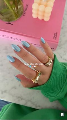 Dancing Queen Nails, Mamma Mia Nails Aesthetic, Light Blue Chrome French Tip Nails, Baby Blue Aura Nails, Blue Crome Nails French, Blue Glass Nails, Light Blue Aura Nails, Mamma Mia Inspired Nails, Hoco Nails Blue