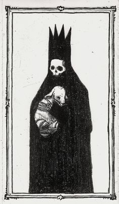 a black and white drawing of a person with a skull on their head holding a baby