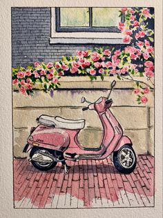 a painting of a pink scooter parked in front of a building with flowers