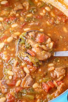 a ladle full of soup with beans and meat in it on a blue pot