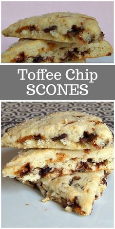 chocolate chip scones stacked on top of each other with text overlay that reads toffee chip scones