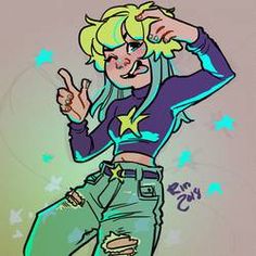 a drawing of a woman with blonde hair and green pants, holding her hand up in the air