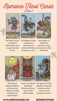 the tarot cards are shown in different colors and sizes, with text on each side