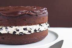 a chocolate cake sitting on top of a white plate