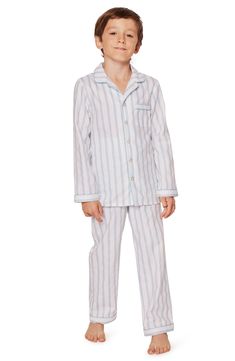 Soft blue stripes sweeten your little one's bedtime routine in these comfy cotton-blend pajamas polished off with smooth piping and pearly buttons. Meets Consumer Product Safety Commission's flammability standards for children's sleepwear Top has front button closure; chest patch pocket Pants have elastic waist 50% cotton, 50% modacrylic Machine wash, tumble dry Imported Striped Pajamas, Striped Two Piece, Bedtime Routine, Consumer Products, Pocket Pants, Blue Stripes, Piping, Patch Pocket, Elastic Waist