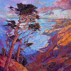 an oil painting of trees on the edge of a cliff