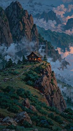 a house on top of a mountain surrounded by clouds