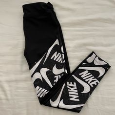 Nike Black Leggings! Never Worn, And Great Condition. Baddie Leggings, White Leggings For Streetwear, White Athleisure Bottoms With Logo Print, Casual White Leggings For Streetwear, Nike Black Bottoms With Letter Print, Black Cotton Athleisure Leggings, Nike Black Leggings, White Letter Print Casual Leggings, Casual White Letter Print Leggings