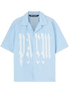 light blue cotton logo print to the front camp collar front button fastening short sleeves straight hem Palm Angels Shirt, Gothic Logo, Angel Print, City Shorts, Light Blue Shorts, Logo Shirt, Balenciaga Triple S, Swimwear Shorts, Tracksuit Women