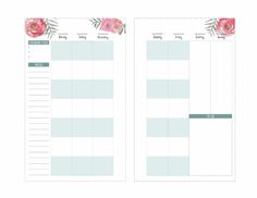 the printable planner is shown with pink flowers and green leaves on it's side