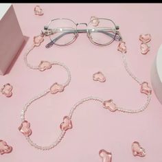 Pink Hearts Clear Beaded Chain For Glasses Kawaii Glasses, Chain For Glasses, Eyewear Chain, Crystal Sunglasses, Sunglasses Chain, Silver Sunglasses, Sunglasses Strap, Clear Glasses, Gongs