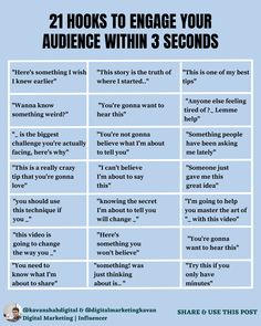 21 Hooks To Engage Your Audience Within 3 Seconds


Hooks are key to generating engagement with your posts ✔


Do not expect the user to guess what he has to do when he sees your posts, Ask them 🔥


Important 😎 : Use 1 CTA per post!


That Way You Won't Confuse Your Audience Instagram Hooks, Social Media Marketing Planner, Social Media Content Strategy, Social Media Content Planner, Social Media Marketing Instagram, Marketing Planner, Social Media Management Tools, Social Media Marketing Plan, Marketing On Instagram