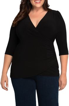 Soft and flattering, this work-to-weekend top is finished with a complimentary surplice neckline and an easy-to-wear faux-wrap silhouette. Style Name:Kiyonna Faux Wrap Top (Plus Size). Style Number: 6155303. Elegant Black Wrap Top For Night Out, Fitted Faux Wrap Blouse With Surplice Neckline, Elegant Faux Wrap Top With Surplice Neckline, Elegant Surplice Neckline Faux Wrap Top, Black V-neck Wrap Top For Fall, V-neck Faux Wrap Blouse For Work, Faux Wrap V-neck Top For Layering, V-neck Stretch Wrap Top For Night Out, Black V-neck Wrap Top For Work