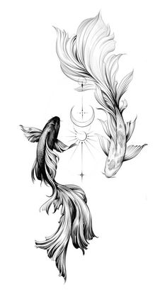 two goldfishs are facing each other in front of the sun and moon tattoo design