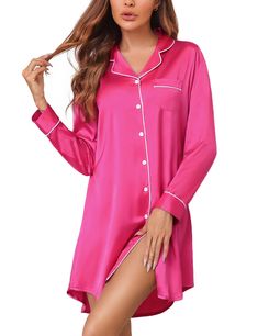 PRICES MAY VARY. 【Silk Pjs Material】This silk satin nightgown is made of 96% Polyester, and 4% Other Fibers. Soft, breathable, and skin-friendly nightshirt for women, perfect for sleeping or lounging at home. 【Boyfriend Nightshirt Style】Sleep shirts for women, Boyfriend nightshirts, Feature with notch collar, V neck button front, one chest pocket with contrast piping, knee length, and curved high-low hem design. The button down nightgown for women is easy to put on and take off, perfect for nurs Button Down Sleep Shirt, Maternity Nightgown, Nursing Gown, Silk Pajamas Women, Bridesmaid Pyjamas, Pajama Dress, Pajamas Comfy, Nightgowns For Women, Women's Nightgowns