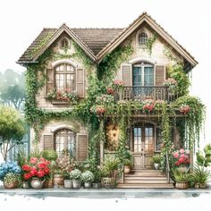 a painting of a house with flowers and plants on the front porch, along with potted plants