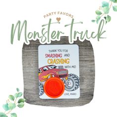 a monster truck birthday card with the words monster truck on it and a red button