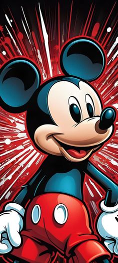 a cartoon mickey mouse with red and blue colors on it's face, standing in front of fireworks