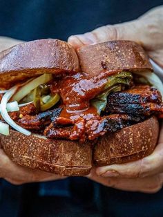 two hands holding a sandwich with meat and vegetables