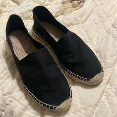 Brand New Condition Size 9 Comfortable Black Slip-on Espadrilles, Casual Black Espadrilles With Textured Sole, Black Flat Espadrilles With Cushioned Footbed, Black Casual Espadrilles With Round Toe, Casual Black Espadrilles With Round Toe, Casual Black Espadrilles With Flat Heel, Trendy Black Slip-on Espadrilles, Casual Black Flat Heel Espadrilles, Casual Black Closed Toe Espadrilles