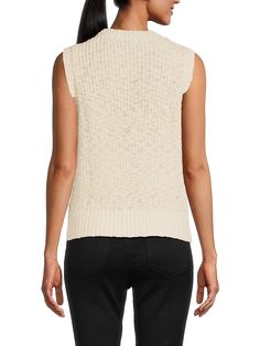 Crewneck Sleeveless Pullover Style Cotton, Acrylic & Nylon Hand Wash Imported Size & Fit About 22" From Shoulder To Hem Model Shown Is 5'10" (177cm) Wearing Us Size Small. Womens - W Trend Separates > Saks Off 5th. Design 365. Color: Cream. Size: M. Sleeveless Textured Knit Sweater For Layering, Sleeveless Textured Knit Winter Tops, White Textured Knit Sleeveless Sweater Vest, Sleeveless Knit Top For Fall, Sleeveless Cable Knit Top, Stretch Textured Knit Sleeveless Sweater Vest, Sleeveless Textured Knit Sweater Vest For Winter, Textured Knit Crew Neck Vest For Fall, Sleeveless Textured Knit Sweater Vest For Fall