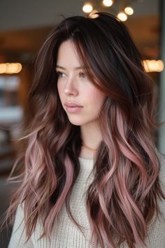 Dark Brown Hair With Rose Gold, Rose Brown Hair Color Balayage, Women's Hair Color Ideas, Brown Hair With Peach Highlights, Black And Rose Gold Hair, Brown To Rose Gold Balayage, Dusty Pink Brown Hair, Colorful Brown Hair, Subtle Hair Color Fun For Brunettes