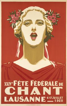 an old poster with a woman's face and flowers in her hair, wearing a red dress