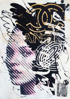 an abstract painting with black, pink and white colors on it's surface is shown